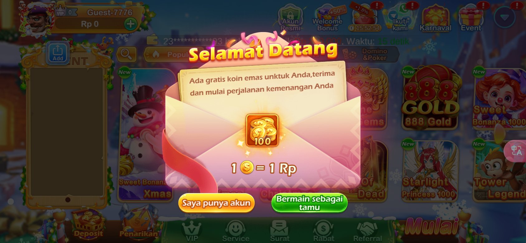 Dapatkan 100 koin emas gratis sebagai pengguna baru di Bonus 777.